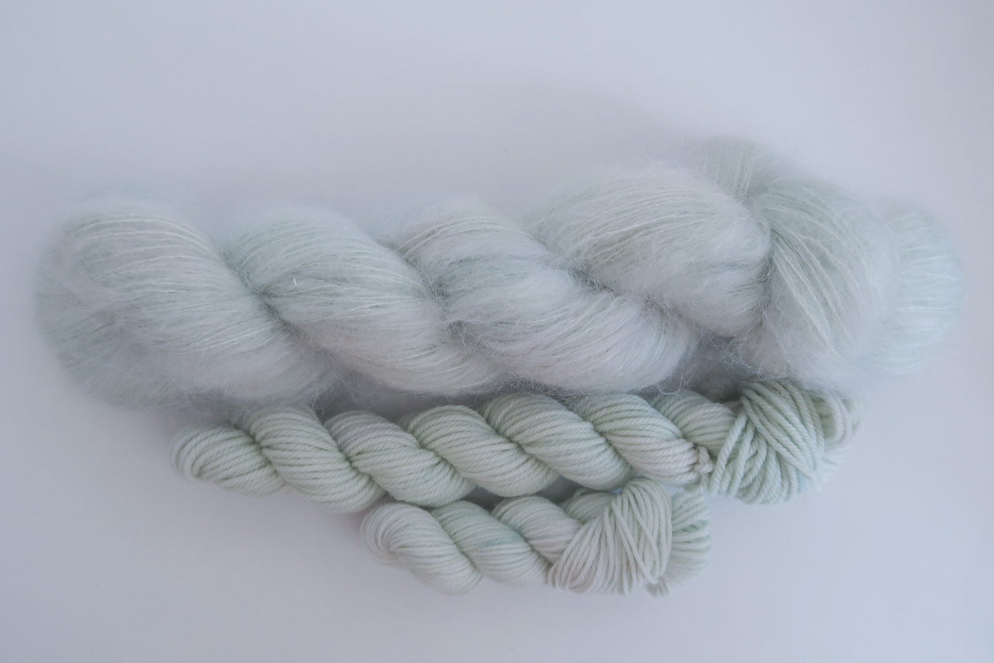 Lingering Last Leaves // HANDDYED YARN sock, dk, sparkle sock, mohair, suri, green, soft green, light green, pastel yarn, custom yarn