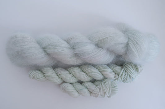 Lingering Last Leaves // HANDDYED YARN sock, dk, sparkle sock, mohair, suri, green, soft green, light green, pastel yarn, custom yarn