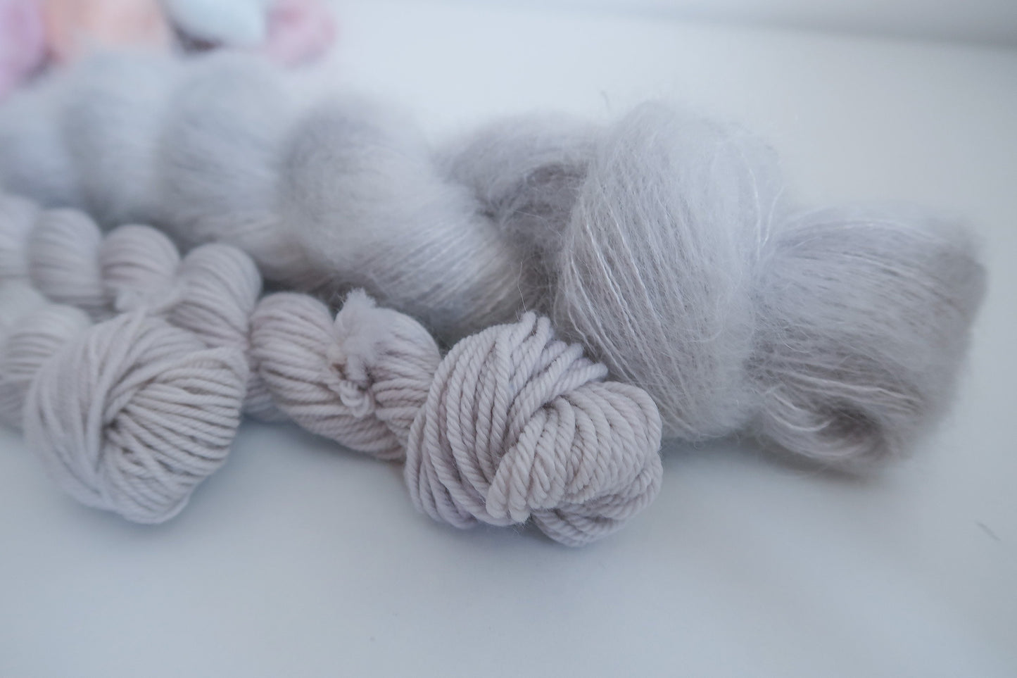 Puffing Chimney Tops // HANDDYED YARN sock, dk, sparkle sock, mohair, suri, pink, grey yarn, light grey, neutral, pastel yarn, custom yarn