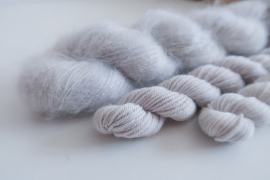 Puffing Chimney Tops // HANDDYED YARN sock, dk, sparkle sock, mohair, suri, pink, grey yarn, light grey, neutral, pastel yarn, custom yarn