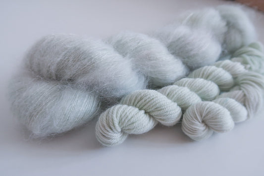 Lingering Last Leaves // HANDDYED YARN sock, dk, sparkle sock, mohair, suri, green, soft green, light green, pastel yarn, custom yarn