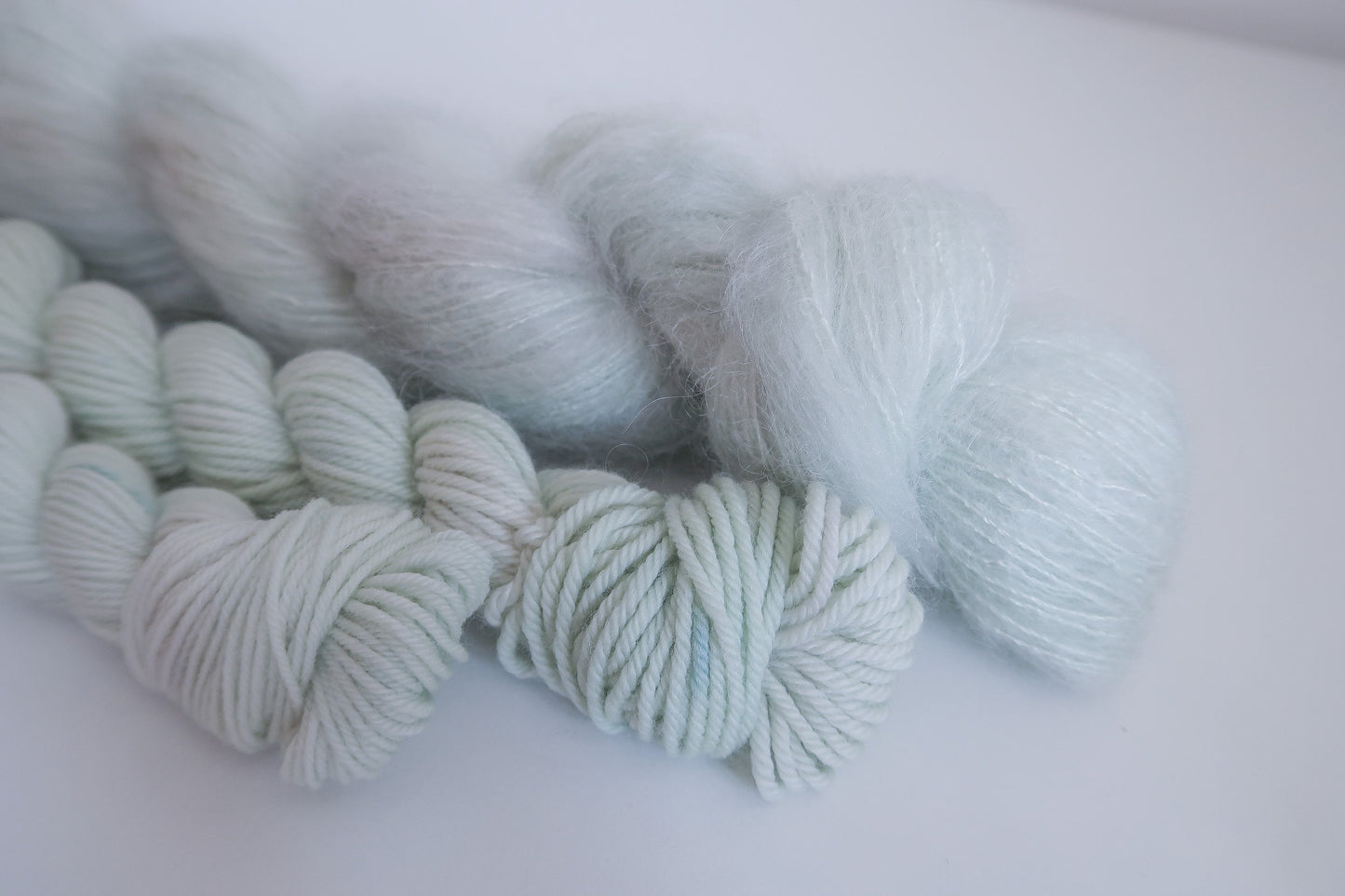Lingering Last Leaves // HANDDYED YARN sock, dk, sparkle sock, mohair, suri, green, soft green, light green, pastel yarn, custom yarn