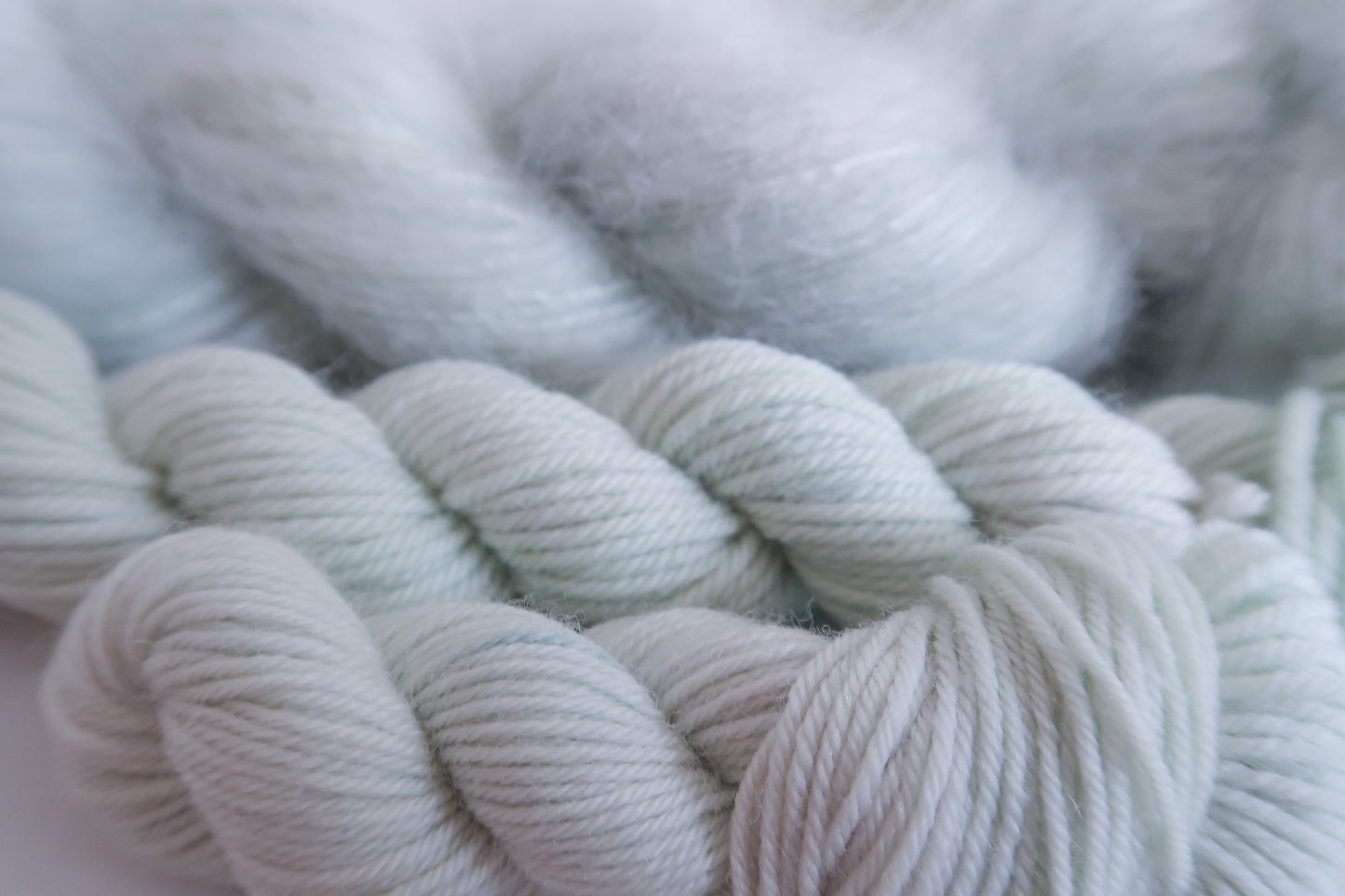 Lingering Last Leaves // HANDDYED YARN sock, dk, sparkle sock, mohair, suri, green, soft green, light green, pastel yarn, custom yarn